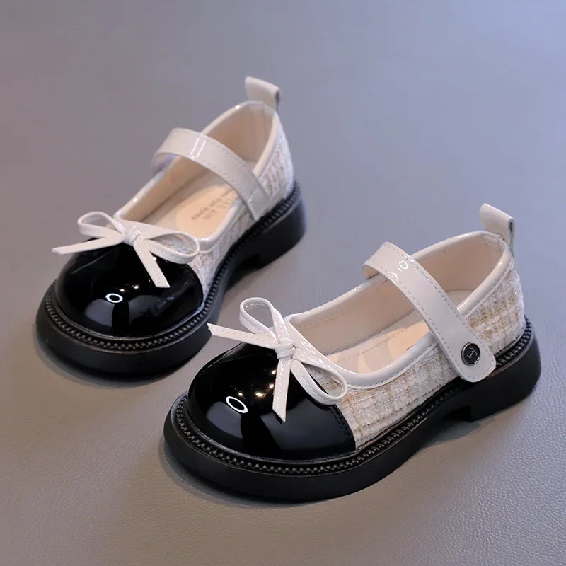 

Girls Leather Shoes Fashion Bowknot Non-lip Soft Sole New 2024 Autumn Plaid PU Leather Outdoor Kids Casual Shoes Children Flats