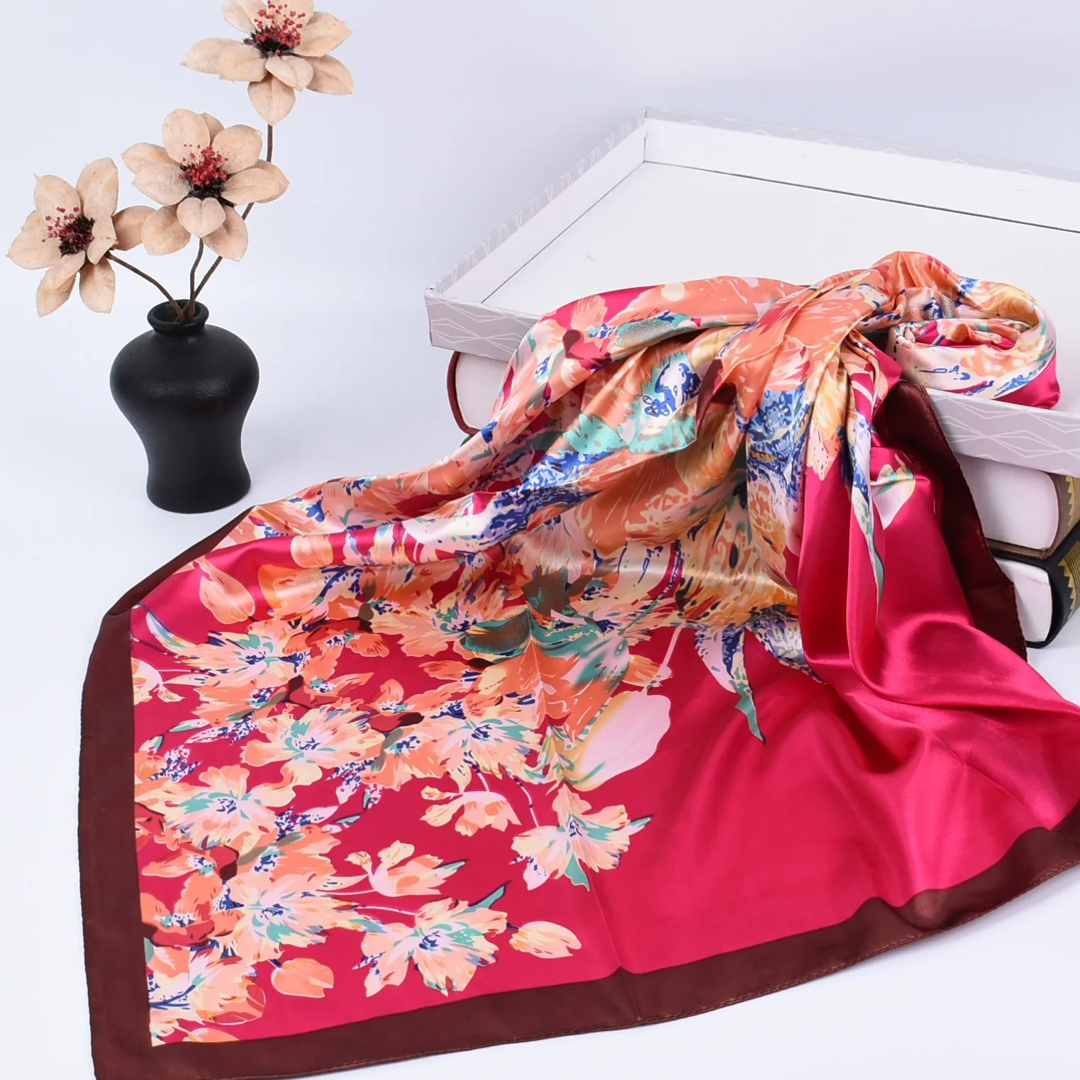 

Роскошный шелковый квадратный платок-бандана для женщин, всесезонный, 90*90 см, для волос, хиджаб, фулярд, шарф, шаль