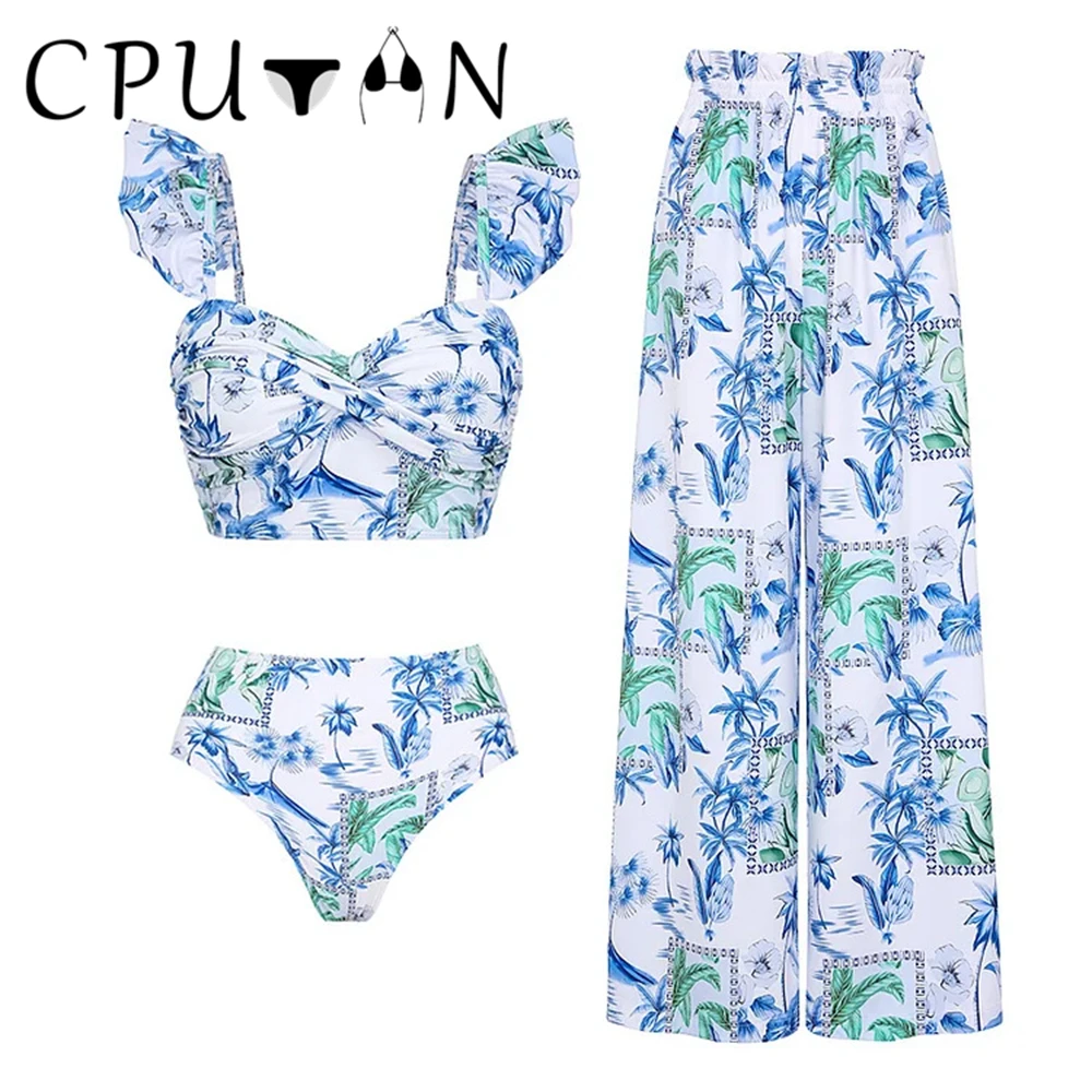 CPUTAN Ruffled 3 Pieces Push Up Bikini Swimsuit Women Printed Swimwear Skirt Pants Cover Ups 2025 Bathing Suit Beachwear Dress