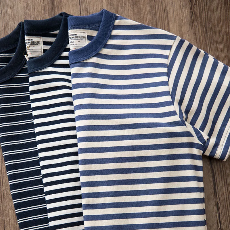 American Vintage Japan Contrasting 100% Cotton Short Sleeve Couple Sea Soul Shirt Blue White Striped T-shirt for Men Y2K Summer