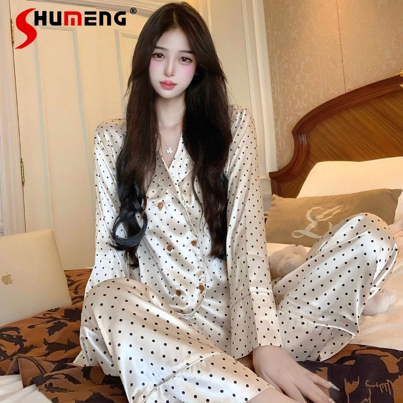 

Luxury Polka Dot Ice Silk Long Sleeve Pajamas Set Women High End French Homewear Suit Spring Autumn Ladies Sleep Lounge