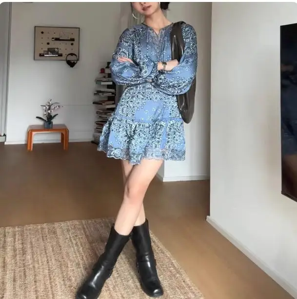 

Женское синее винтажное платье с круглым вырезом и длинными рукавами, кружевное элегантное мини-платье