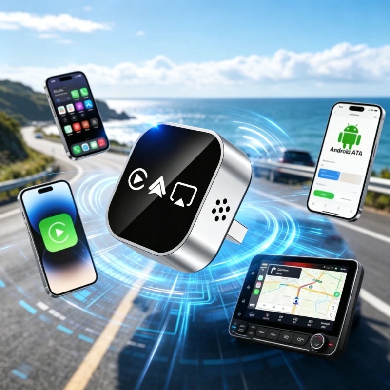 2026 Upgraded 4‑in‑1 Wireless CarPlay Adapter Bluetooth Screen Mirroring Smart Plug and Play Car Adapter