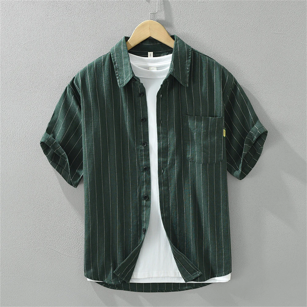 

2025 Summer short sleeve shirt man Breathable striped cotton Linen Loose Fit Casual shirts for men clothes fashion daily Tops