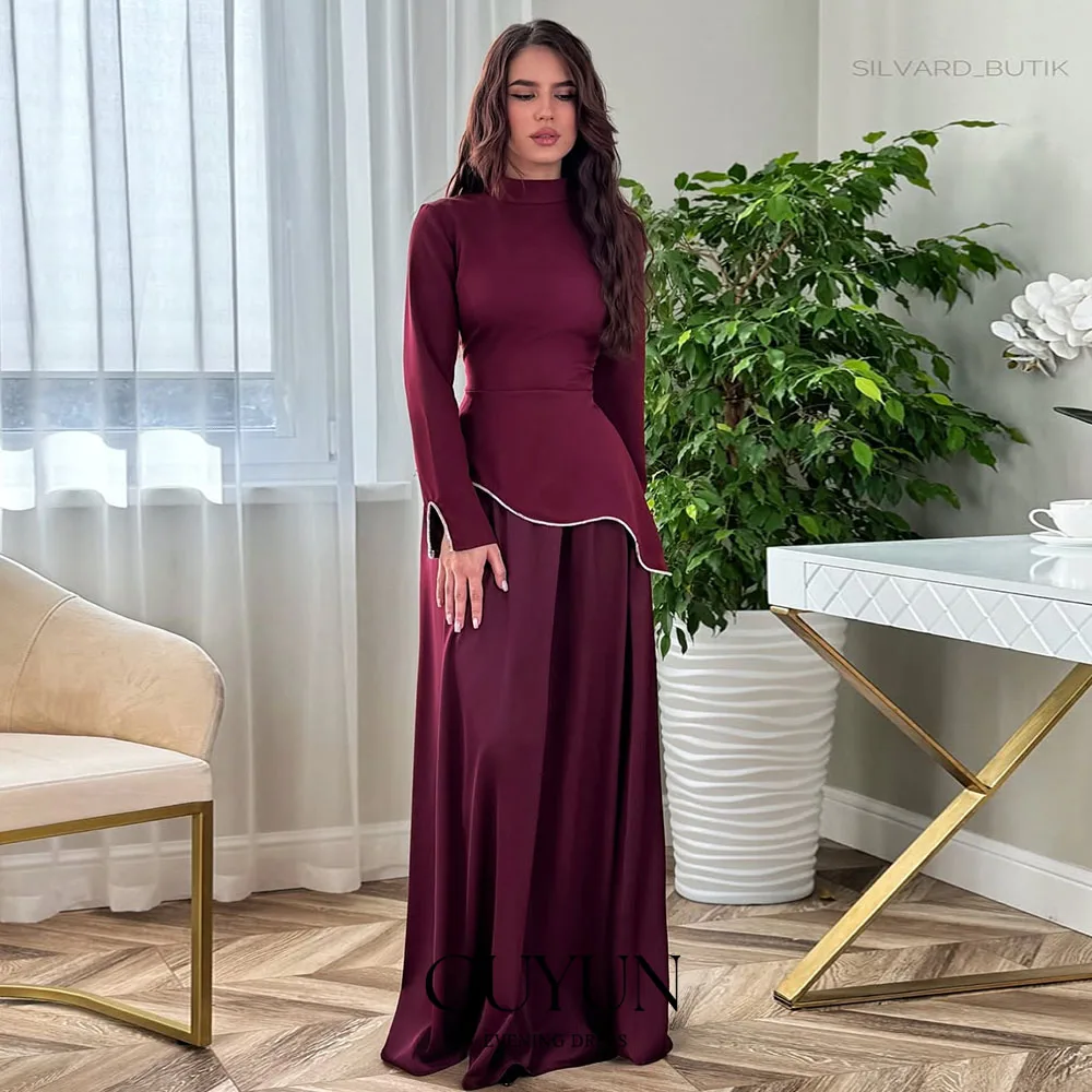 CUYUN High Collar Long Sleeves Saudi Evening Dresses Semi-Formal Customized Patchwork Long Prom Party Gown Lace-up Women