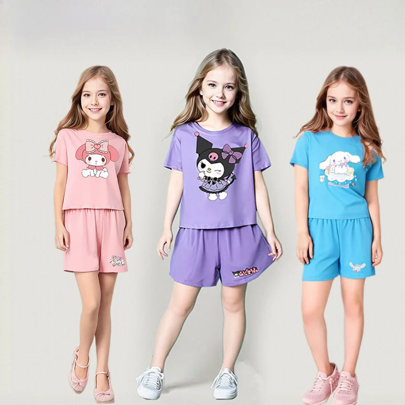 Sanrio Children's T-shirts Set Kuromi Cartoon Boys Girls Summer Trend Baby Short Sleeve Shorts Two-piece Set Kids Outfits