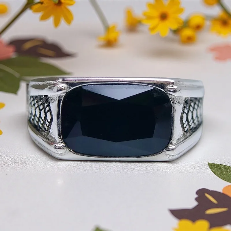 1pc 8*12mm S925 Pure Silver Simple Black Glass Ring, Exquisite Jewelry Gift, Perfect Jewelry Gift for Mother or Wife.
