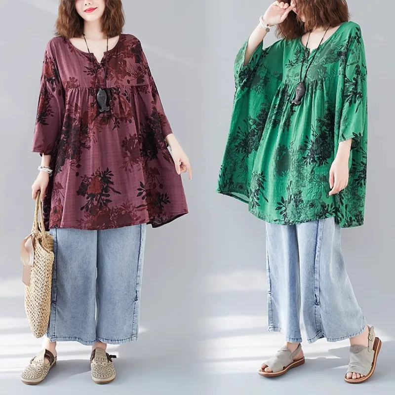 夏のファッション韓国スタイル V ネック半袖コットンリネンシャツ女性のルーズカジュアルソフト快適なプルオーバーレトロトップス