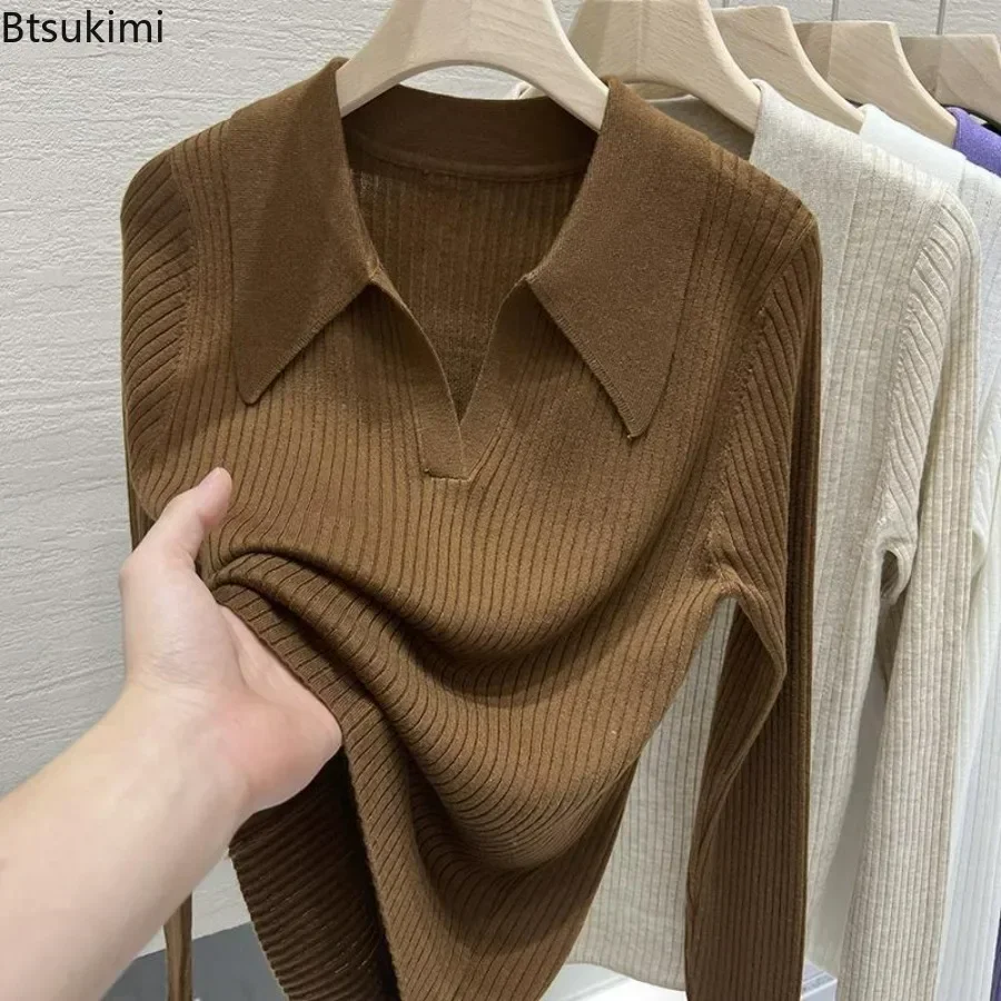 New 2024 Women's Turn-down Collar Long Sleeve Knitted Shirts Tops Solid Thin Sweater Female Elegant Knitwear Jumper Pullovers