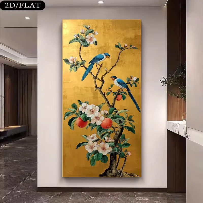 (1PC Unframe)Large Canvas Wall Art Decor - Modern Luxury Canvas Painting of Golden & Birds & Floral Branches, Contemporary Decor