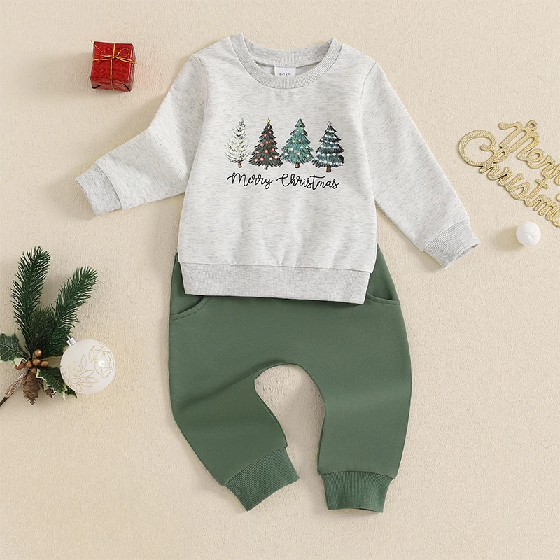 2024-08-15 Lioraitiin Toddler Boys Christmas Outfits Christmas Tree Letter Print Long Sleeve Sweatshirts and Long Pants 2Pcs Set