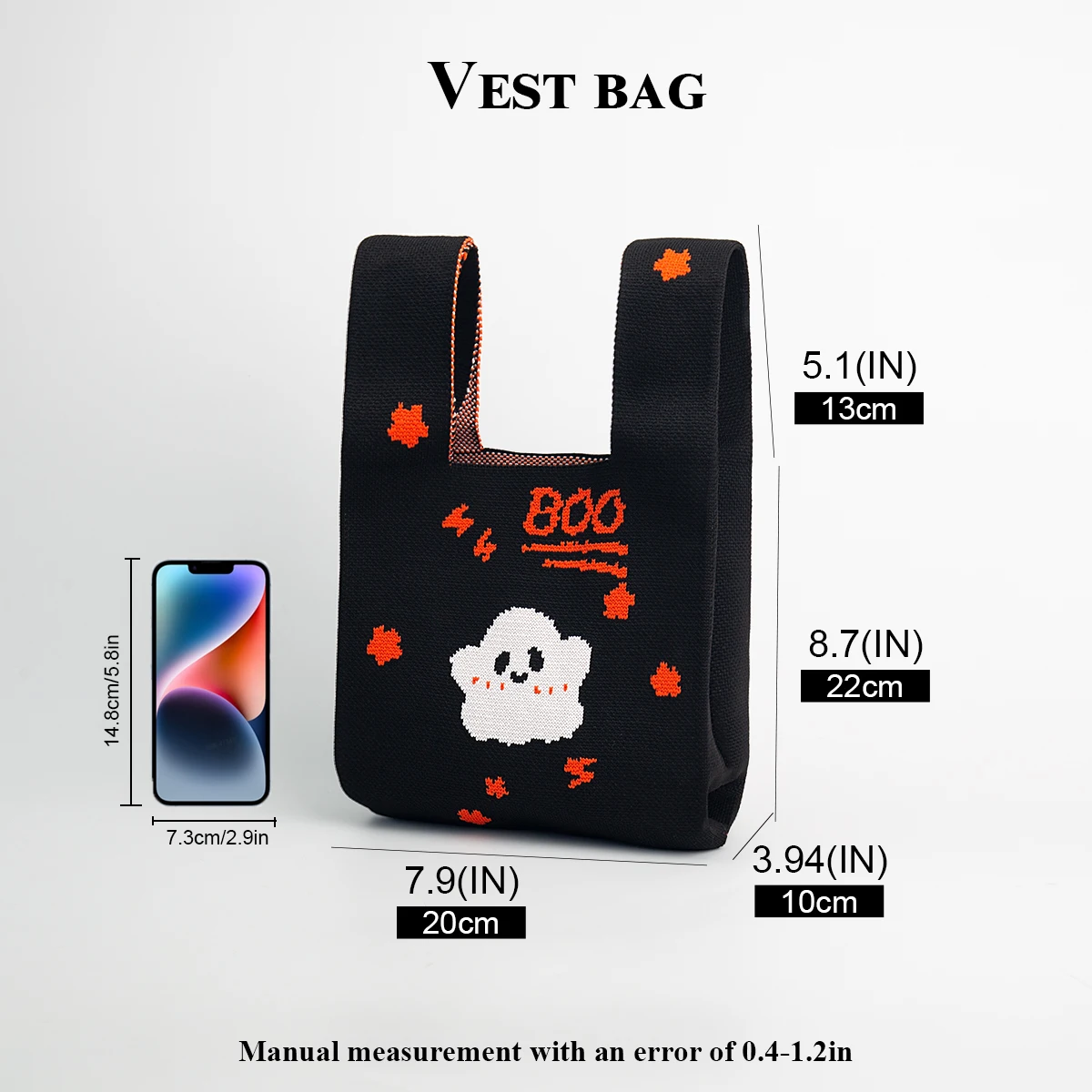 Halloween Cute Cartoon Little Ghost Pattern Knitted Handbag, Women's Portable Durable Foldable Tote Bag, Suitable as a Holiday Gift for Children and Family, Creates a Festive Atmosphere, Can Hold Mobile Phones, Candy, Lipstick, and Cosmetics to Meet Daily Needs