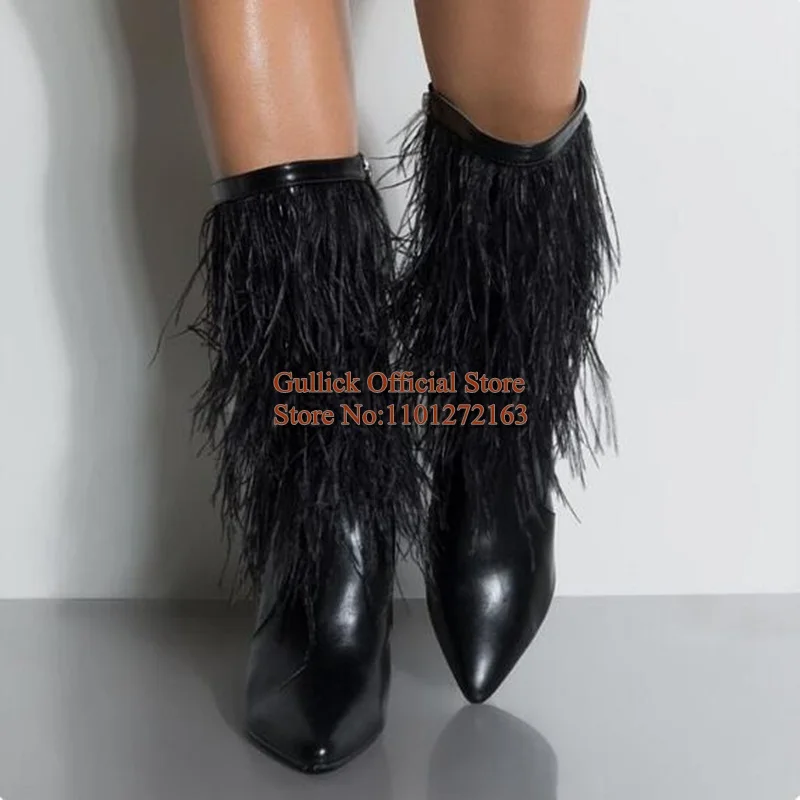 أحذية بيضاء من الريش بمقدمة مدببة وكعب ستيليتو من الجلد باللون الأسود والأبيض وسحاب جانبي أحذية حديثة لمنتصف الساق