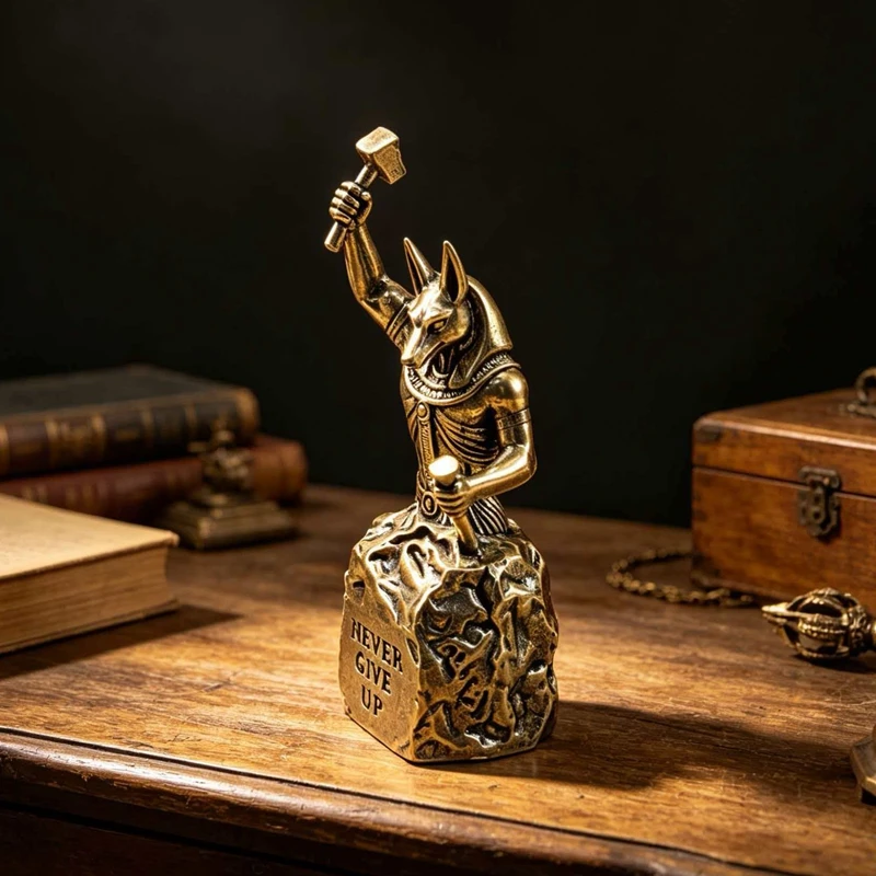 Vintage Brass Anubis Figurine with Jackal Head, Desktop Craft Item, Engraved with the Inspirational Phrase Never Give Up, Motivational Statue, Small Inspirational Ornament for Office Desk, Collectible Copper Decoration for Study Room Tea Table, Vintage Distressed Metal Mini Sculpture, Inspirational Gift for Colleagues and Students, Home Desktop Decoration