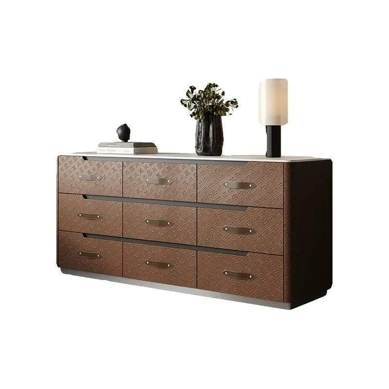 

French retro saddle leather solid wood bucket cabinet s rock slab side cabinet, living room bedroom wall locker