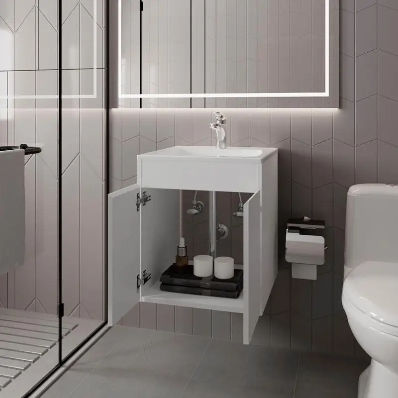 زينة حمام بيضاء بأبواب مزدوجة وتخزين كافٍ للمساحات الحديثة #2