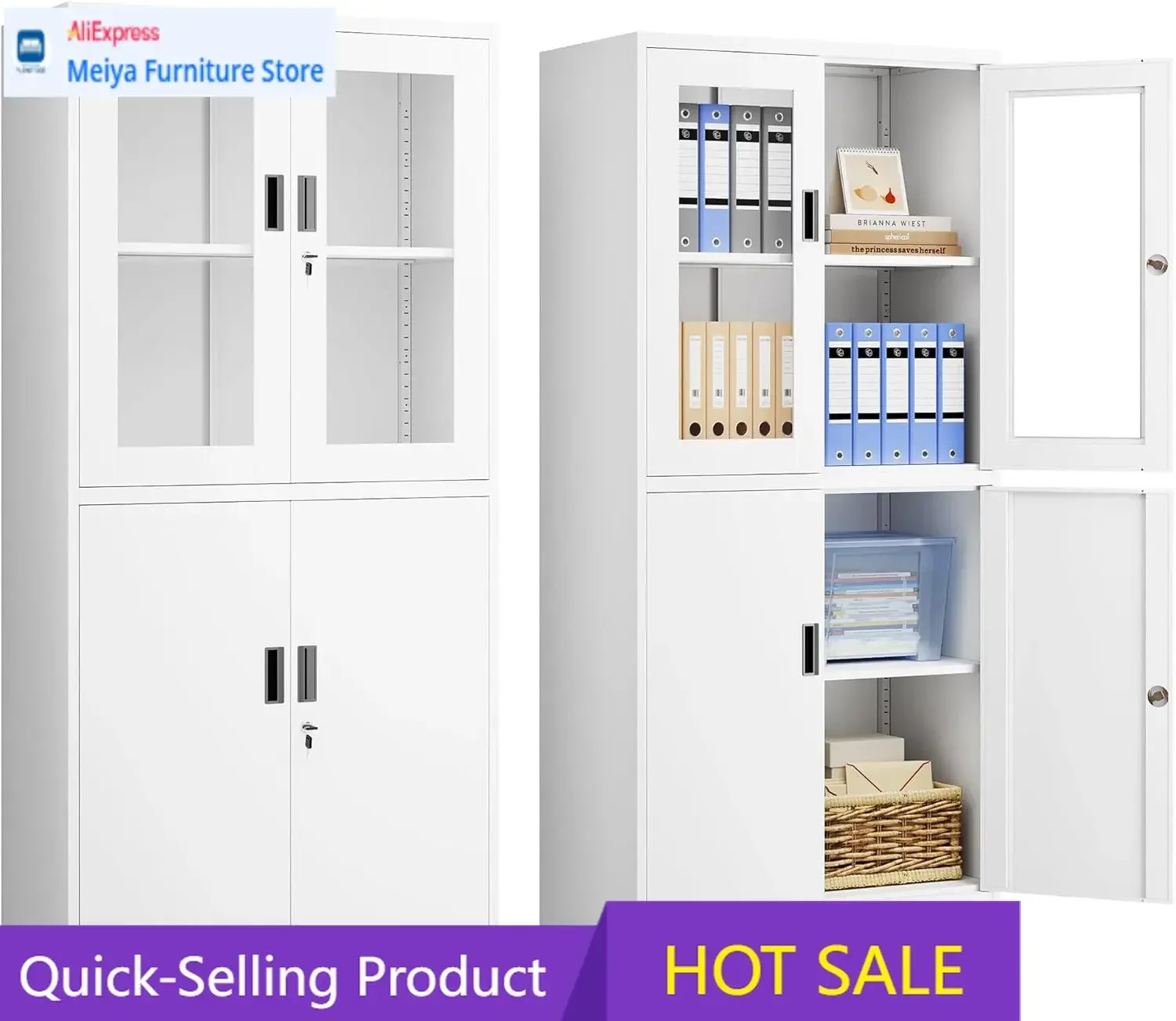 71 Inch White Metal Glass Door Locking Display Cabinet With Adjustable Shelves For Home Office Clinic Pantry Assemble Required
