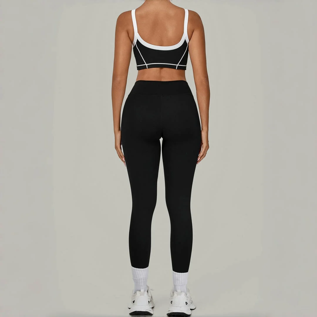 Yoga Suit Sports Fitness High Waist Tight Thin Contrasting Color Splicing Outdoor Running Breathable Pant Sports Bra 2-piece Set