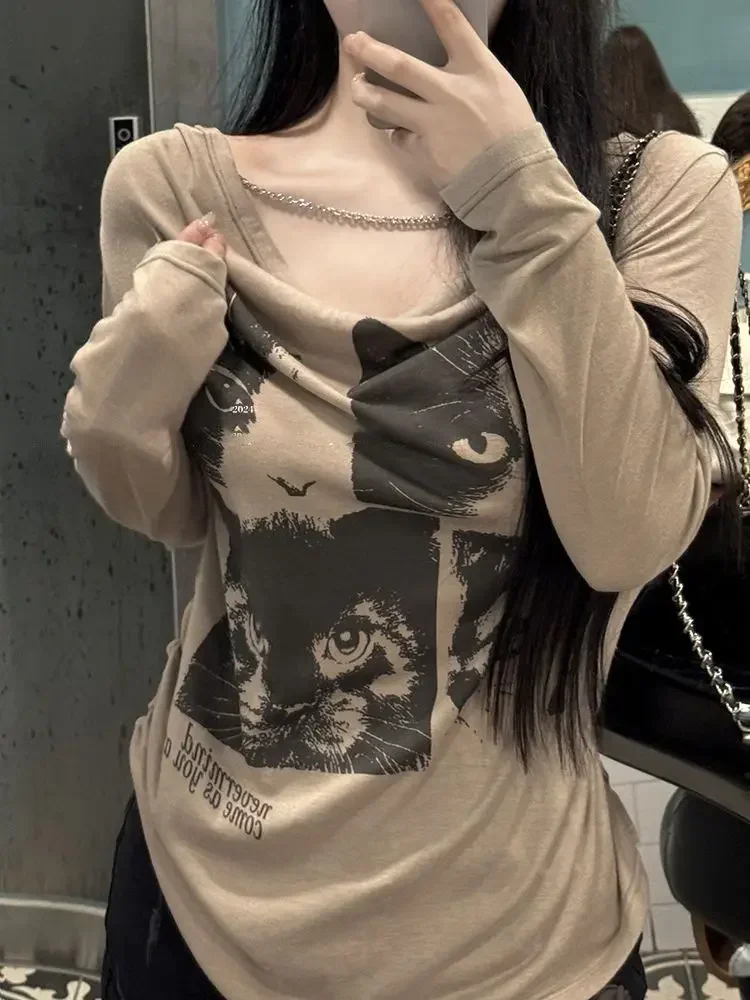 

Футболки с графическим принтом, женская одежда, корейская мода с длинными рукавами, одежда 2000-х годов, футболки Y2k, женская одежда, осенние топы