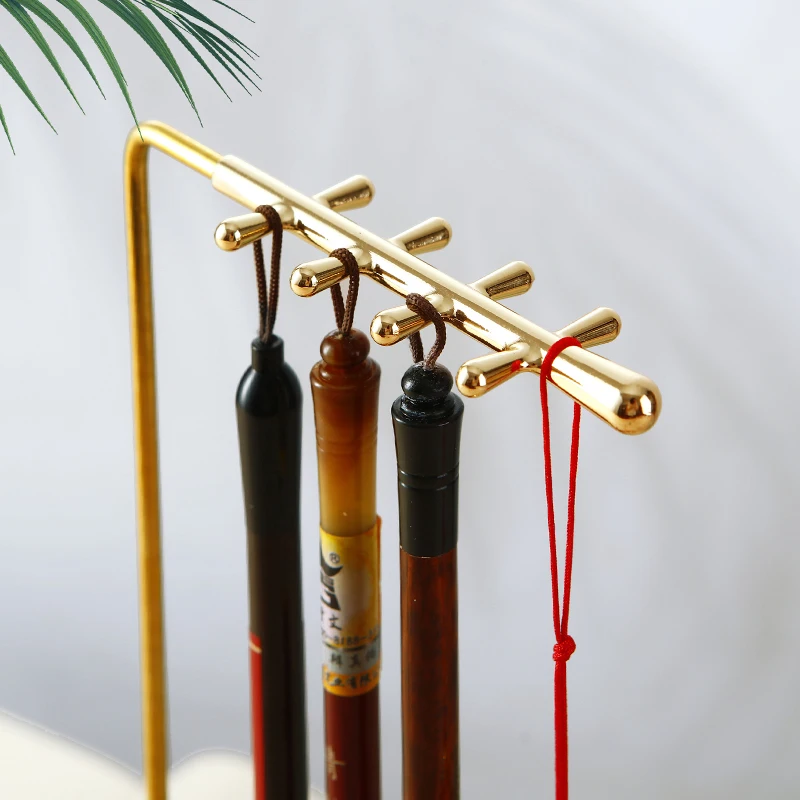 Metal Chinese Brush Pen Holder with Rosewood Base Calligraphy Rest Ink Hanger 10 Needles Writing Brush Holder