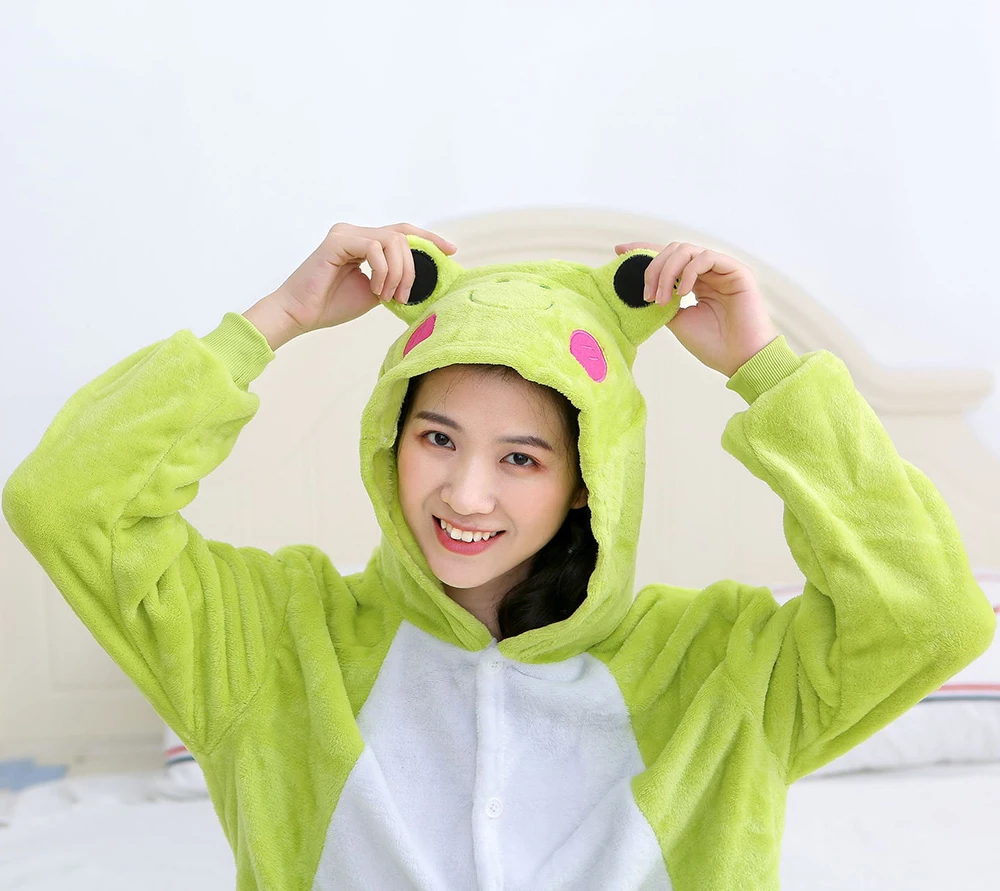 Kigurumi Adult Halloween Onesie Flannel Warm Pajamas Anime Unisex Cosplay One Piece Frog Family Christmas Party Costume Homewear