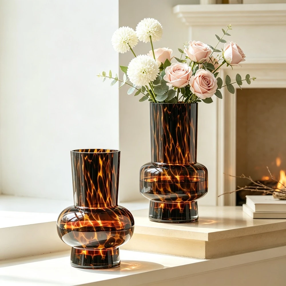 Vintage Amber Tortoiseshell Pattern Glass Vase Modern Decorative Flower Container for Wedding Table Centerpiece