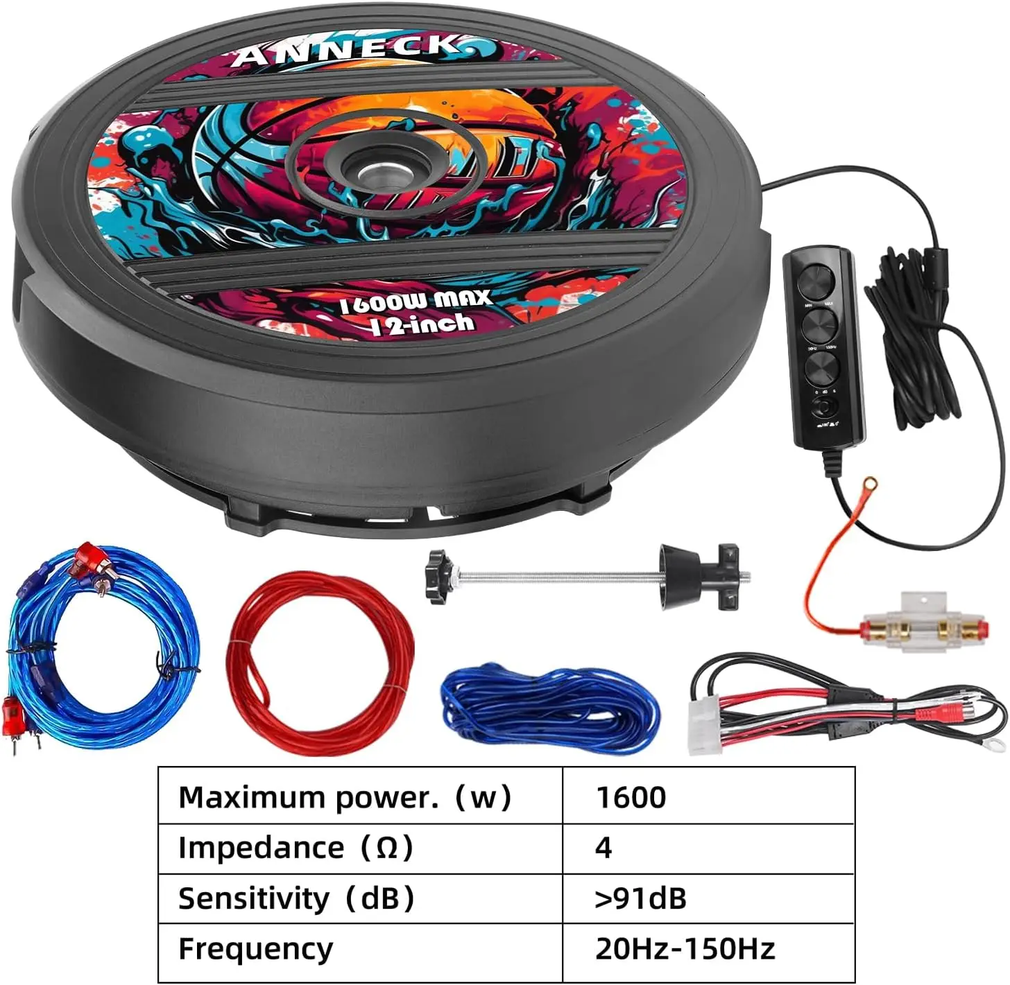 مضخم صوت نشط مقاس 12 بوصة مزود بمكبر صوت وجهاز تحكم عن بعد - نظام صوتي للسيارة بقدرة 1600 وات لذروة الإطارات الاحتياطية