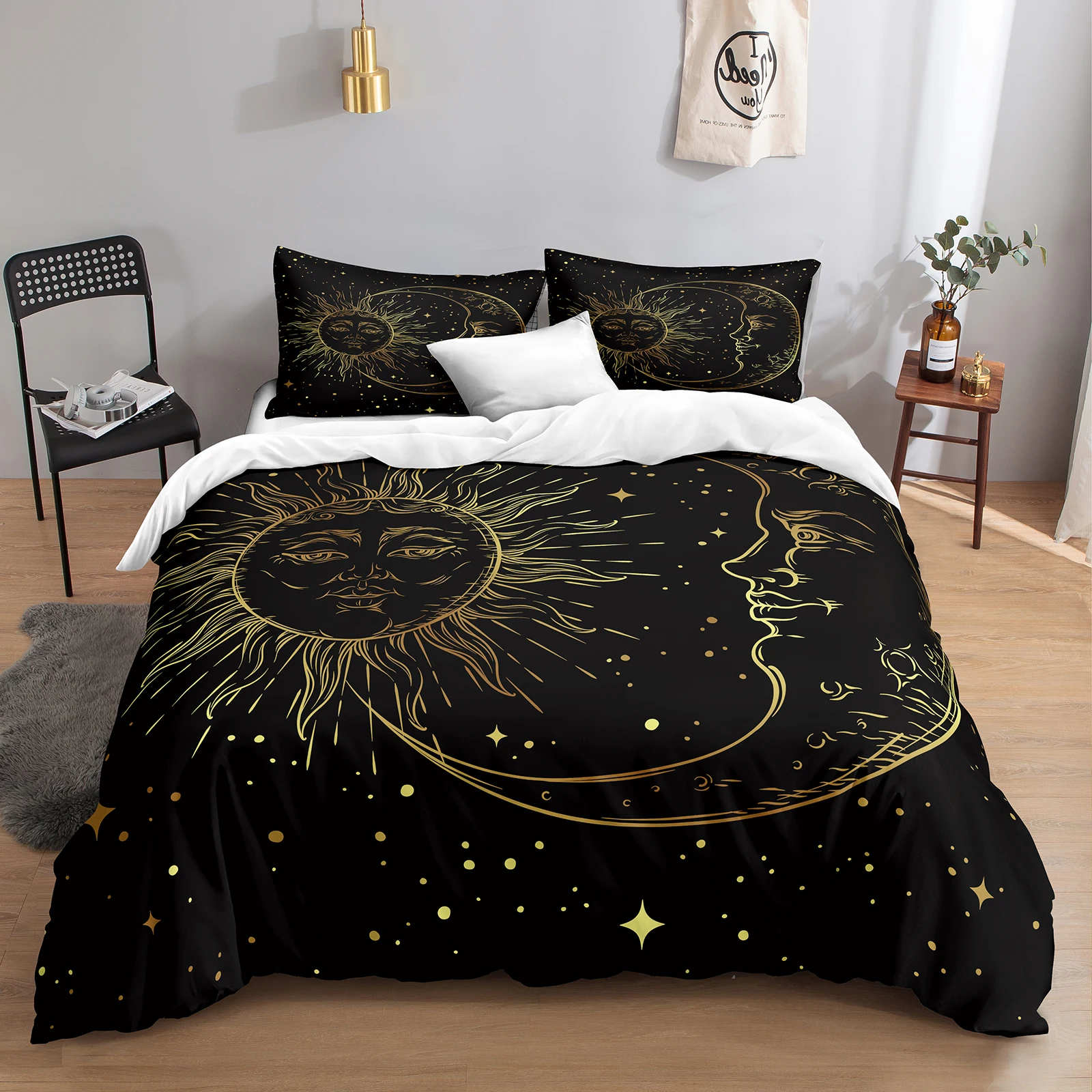 Black Mysterious Duvet Cover Set Golden Moon Sun Star Printed Bedding Set Bohemian Starry Sky Quilt Cover Set Soft Boys Bedding