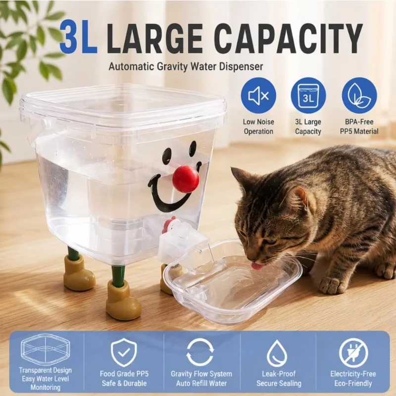 Haustier-Wasserspender mit Automatischer Schwerkraftfunktion, 3L Großer Fassungsvermögen-Wassernapf für Katzen und Hunde, Kabelloser Haustier-Trinkbrunnen
