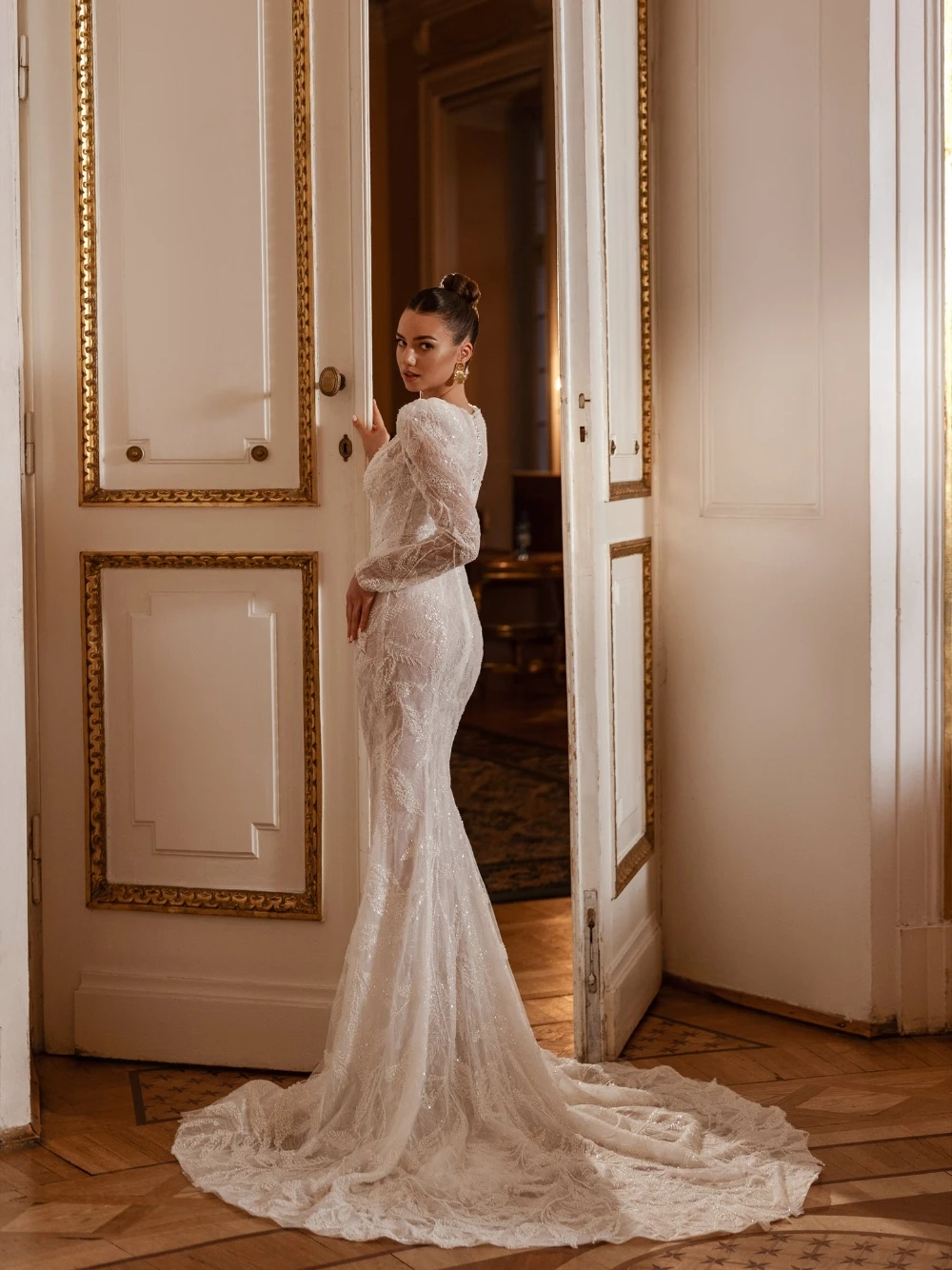 Mais novo glitter sereia tule vestido de casamento renda romântica sexy profundo decote em v opulento vestido de noiva personalizado pérolas moderno wear