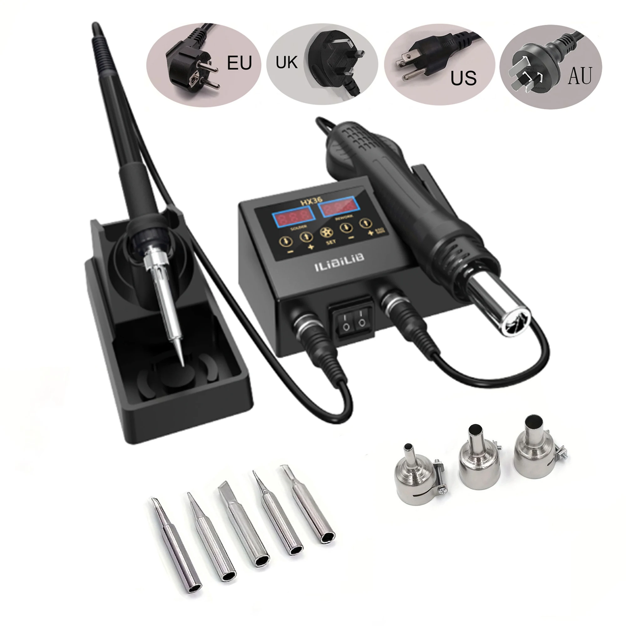 

ilibilib HX36 2-in-1 Soldering Iron & Hot Air Rework Station 60W 300W Digital Temp Calibration Sleep Mode °C/ºF