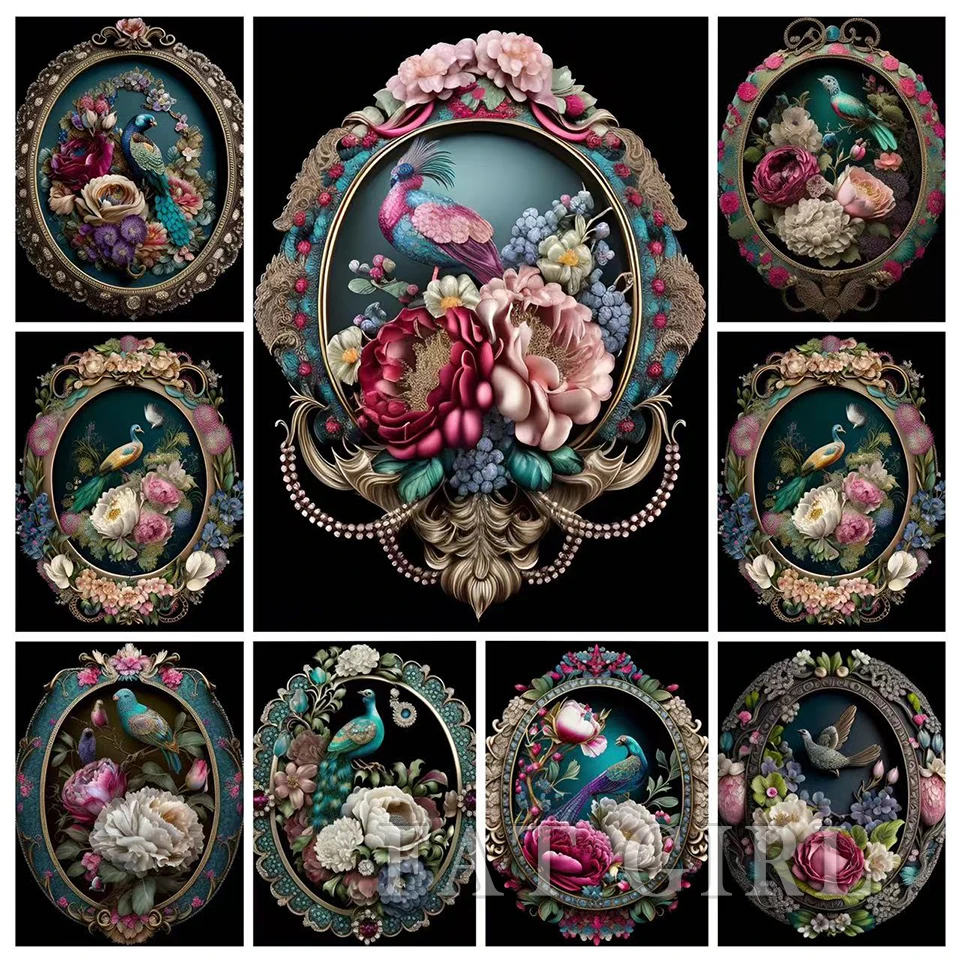 5D Diamond Painting Cross Stitch Kit Peacock Peony Flower Full Square Round Mirror Mural Embroidrey Diamond Mosaic Home Decor
