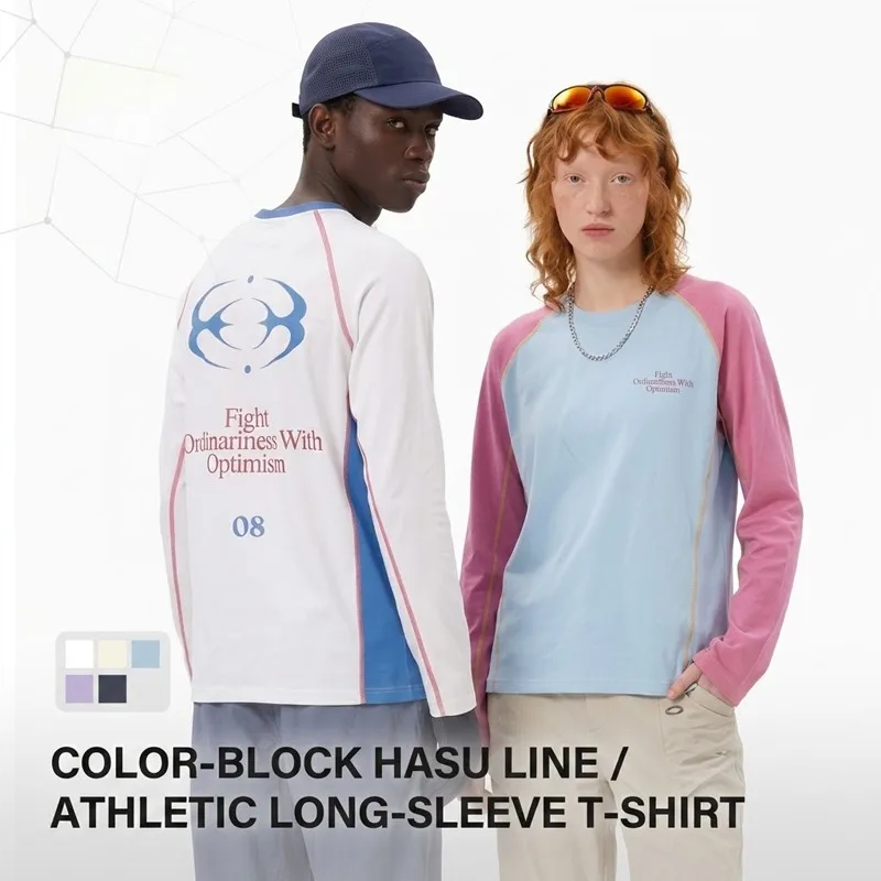 Unisex Color Block Long Sleeve Trendy Contrast Stitching Graphic Tee with Back Print Sports T-shirt for Outdoor Hiking Couples
