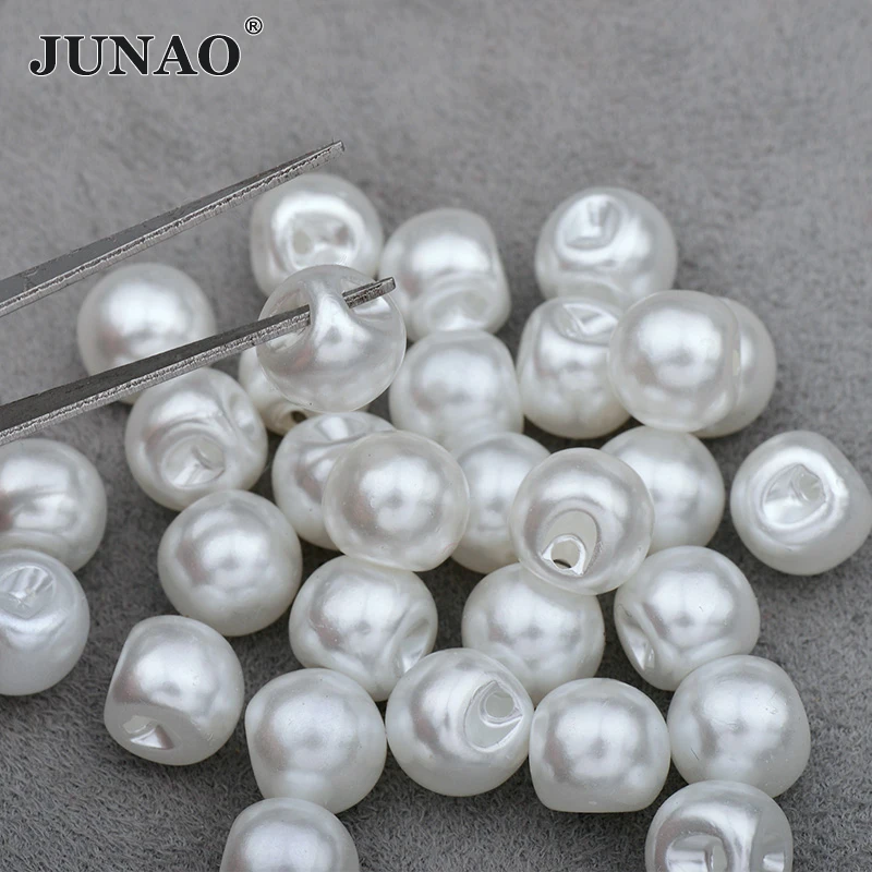 JUNAO 8mm 10m 12mm White Pearl Buttons Sewing Rhinestone Button Decorative Round Plastic Button Pearl Applique for Dress