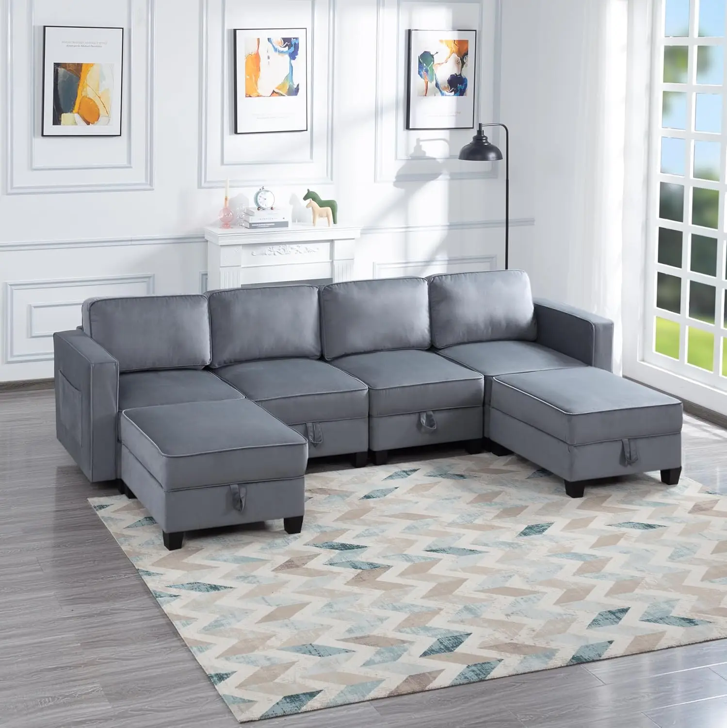 

Modular Sectional, Convertible, Minimalist Modern Sleeper Couch with Chaise Ottomans, Sofa Sets, for Living Room, Bedroom