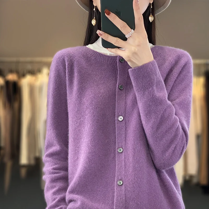 100% lã pura cardigan primavera e outono novo suéter de caxemira feminino o-pescoço cardigan quente malha camisa de fundo