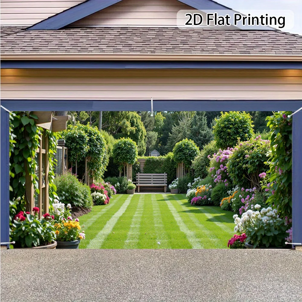 Bedruckte Gartenzaun- und Türvorhänge sowie Banner. Sie eignen sich perfekt, um Ihrem Garagentor bei Partys einen Hauch von Farbe zu verleihen.