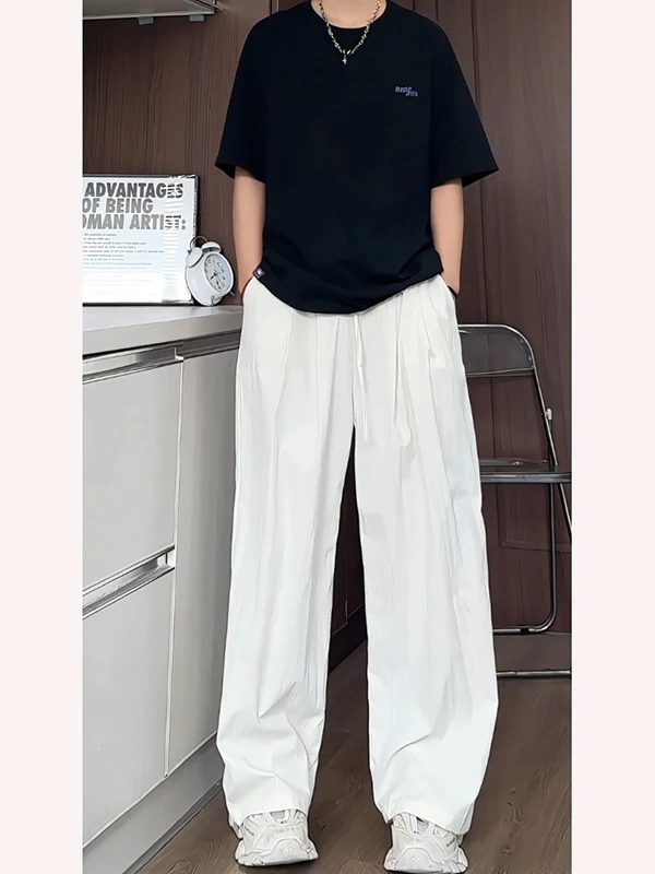 

Летние мужские брюки из ледяного шелка с быстрым высыханием, тонкие, широкие, повседневные, свободного кроя, с плиссировкой, в американском стиле