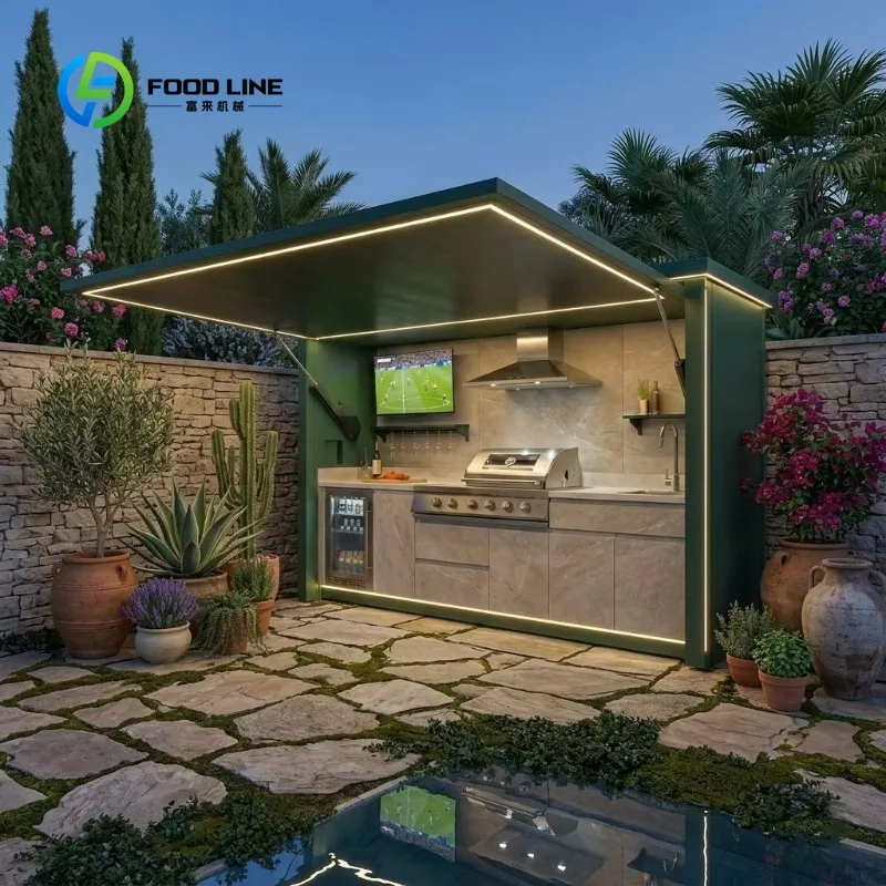 Customized Stainless Steel Remote Control Outdoor Kitchen with Roof Complete BBQ Setup Outdoor Kitchen Cabinets for Backyard