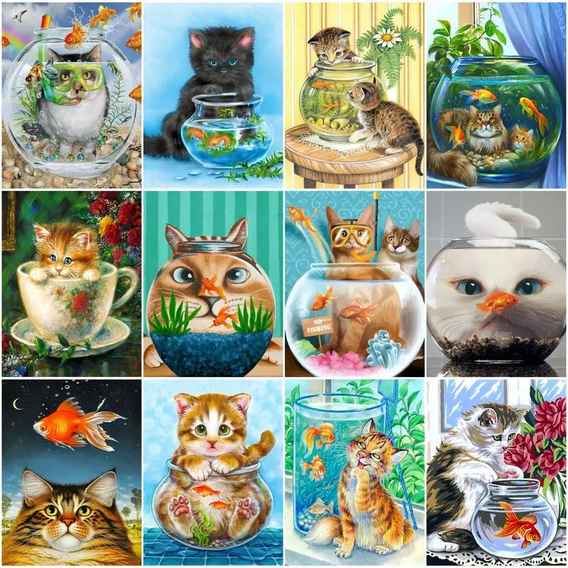 DIY Oil Painting By Numbers Cat And Goldfish Ideas Gift Handpainted Art Wall Bedroom Living Room Home Decor Kids Room Decoration