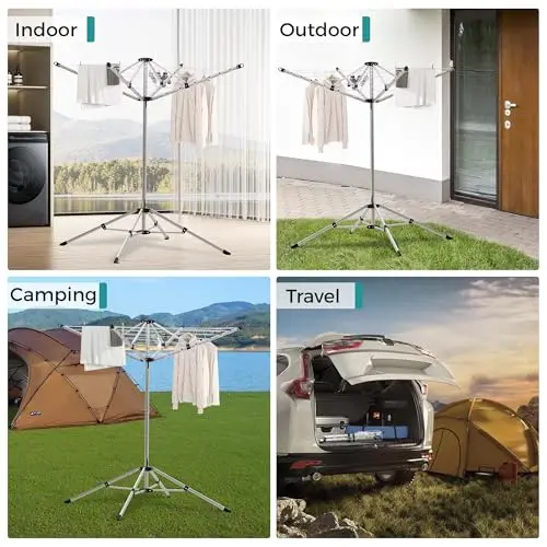 Collapsible 4-Arm Umbrella Style Laundry Drying Rack For Indoor Outdoor Use With 65 Feet Hanging Capacity