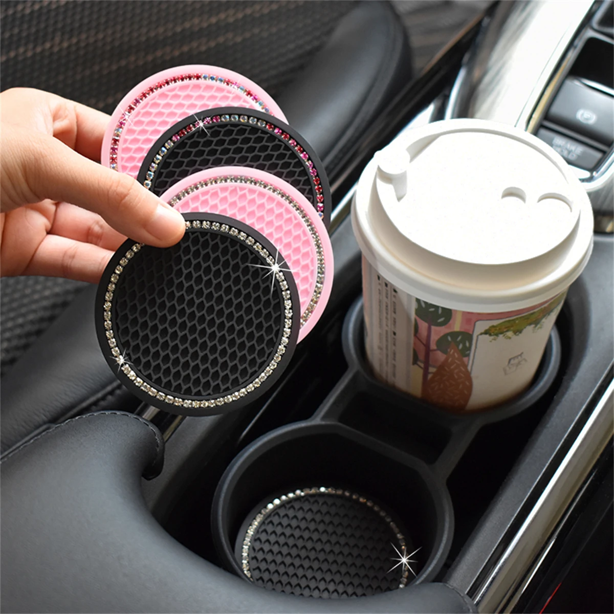 2pcs Round Grid Car Coasters Soft Rubber Artificial Diamond Non Slip Creative Cup Holder Coaster Car Accessories Easy To C image 4