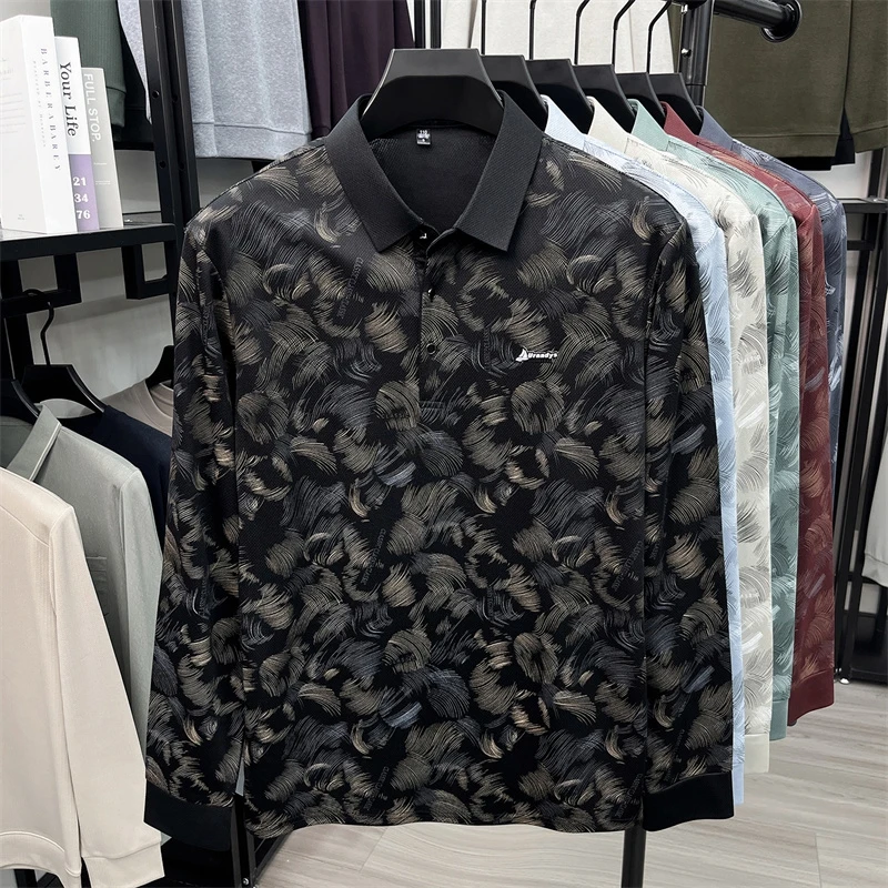 Herren-Polohemd mit abstraktem Blattmuster, langen Ärmeln, umgeschlagenem Kragen, atmungsaktivem, glattem Stoff, für den täglichen, lässigen Gebrauch. – Detail 21