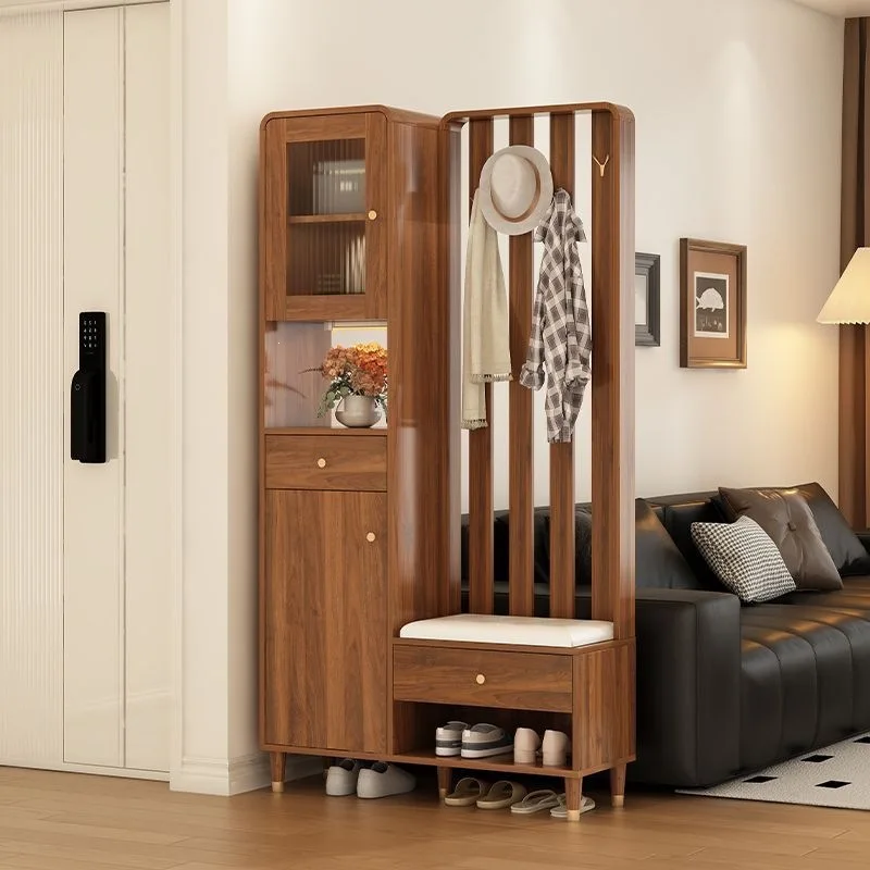 Solid Wood Shoe Household Door with Shoe Change Stool Integrated Entrance Partition Living Room Sofa Screen with Hanging Clothes