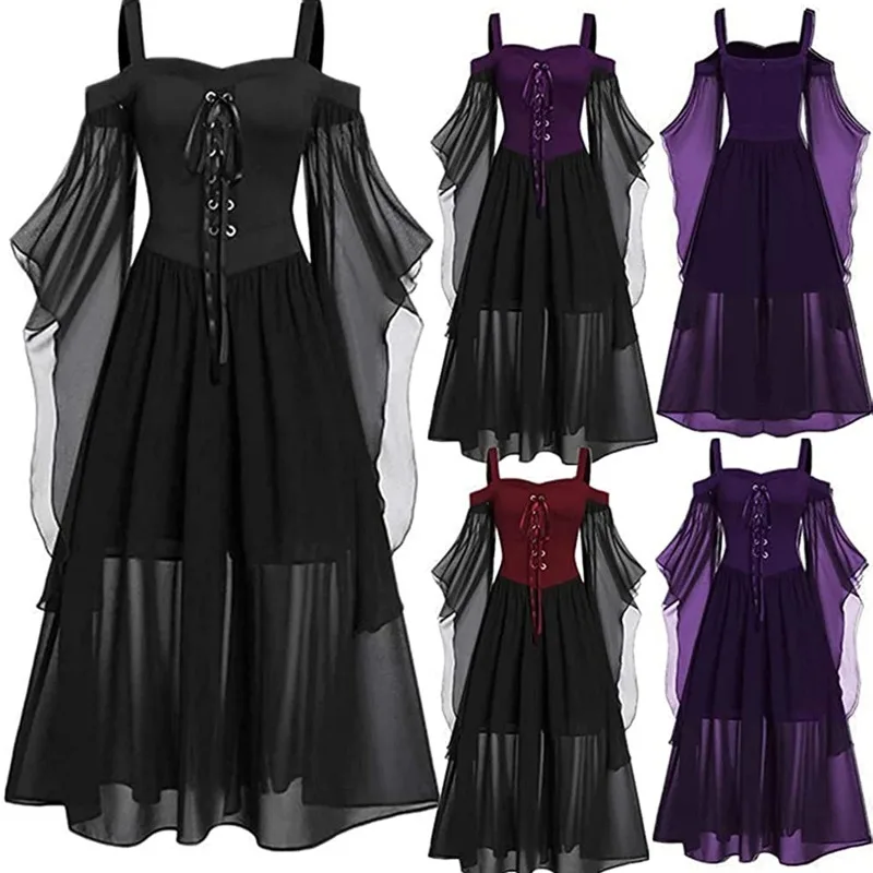 

Halloween Witch Cosplay Costumes Gothic Off Shoulder Lace-up Vestidos Bandage Mesh Sheer A-line Long Party Dress for Women