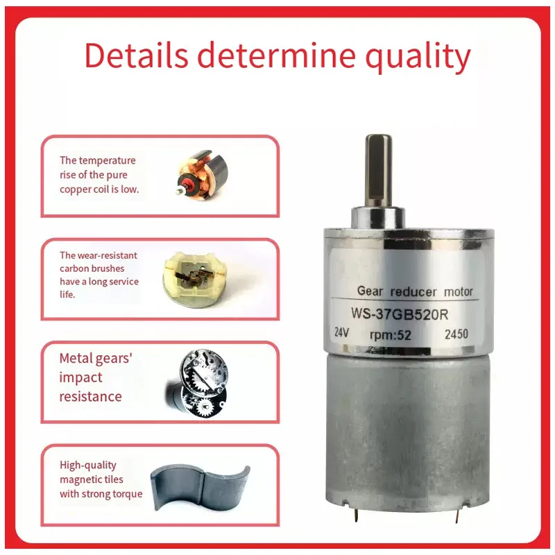 37GB520 DC12V 24V Gear Motor High Torque Micro Speed Reduction Geared Motor Eccentric Output Shaft 37mm Gearbox 5-570RPM