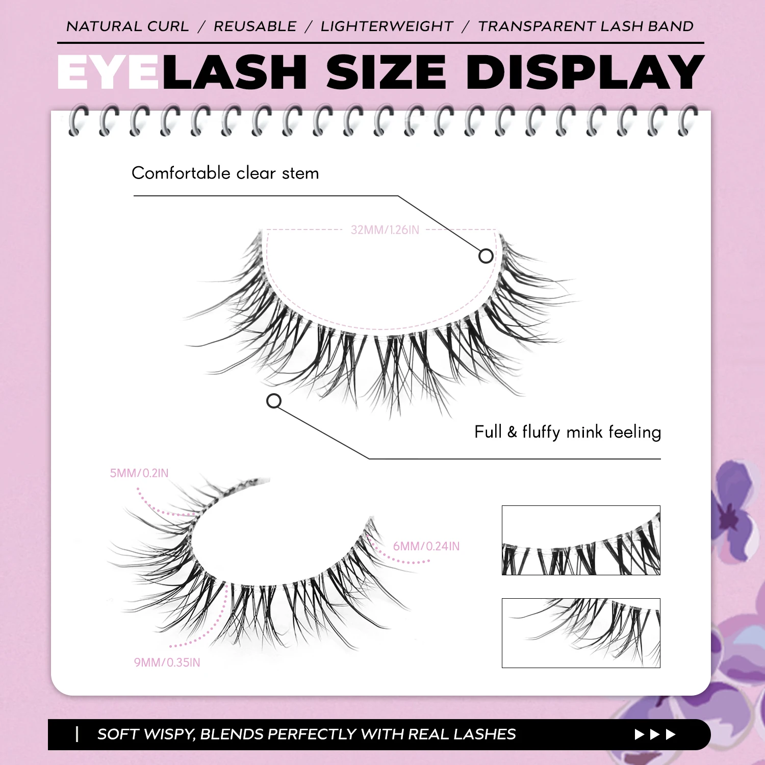 VELTRINAY Kurze, natürliche Wimpern, zart gefädelte, gekreuzte künstliche Wimpern, natürlicher Look, künstliche Nerzwimpern, transparentes Band, künstliche Wimpern, Make-up – Detail 3