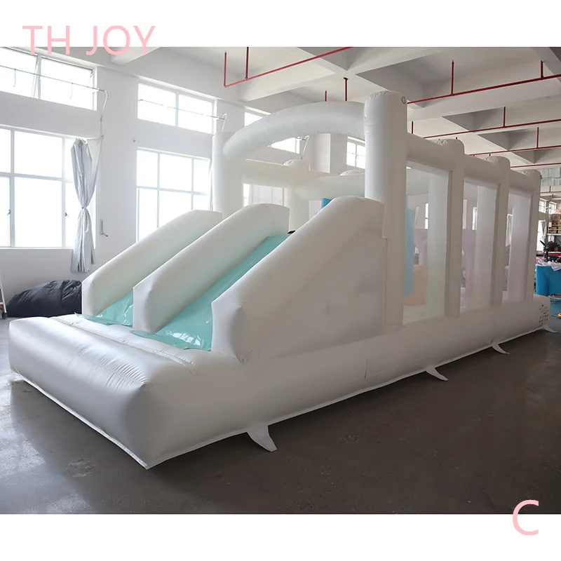 fast air shipping, 7x2.5m kids commercial inflatable obstacle course, white bouncy house with obstacle toys jumper slide combos
