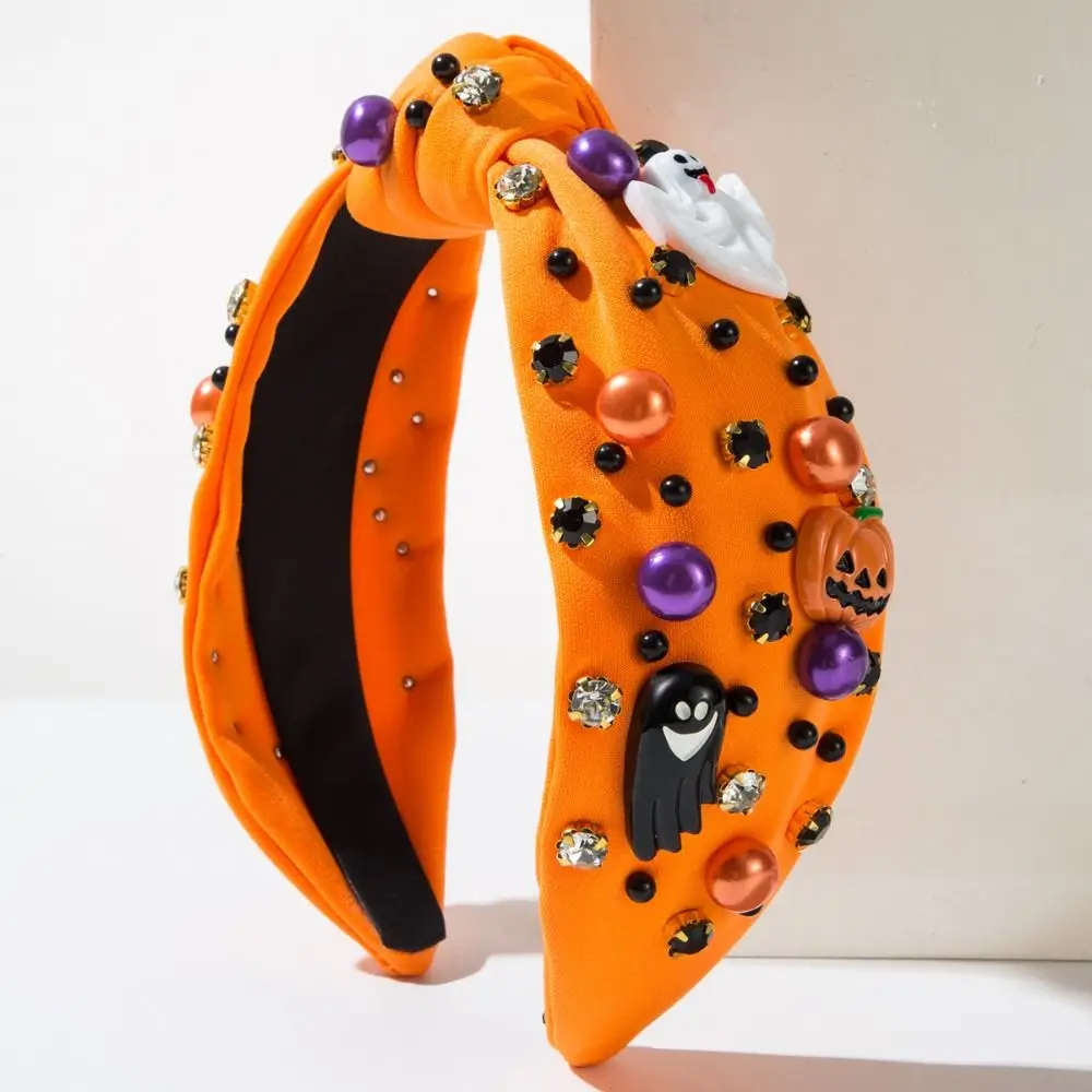 

Ghost Halloween Rhinestone Pearl Hairband Wide Edge Knot Style Halloween Pearl Head Hoop Luxury Fashion Pumpkin Baroque Headband