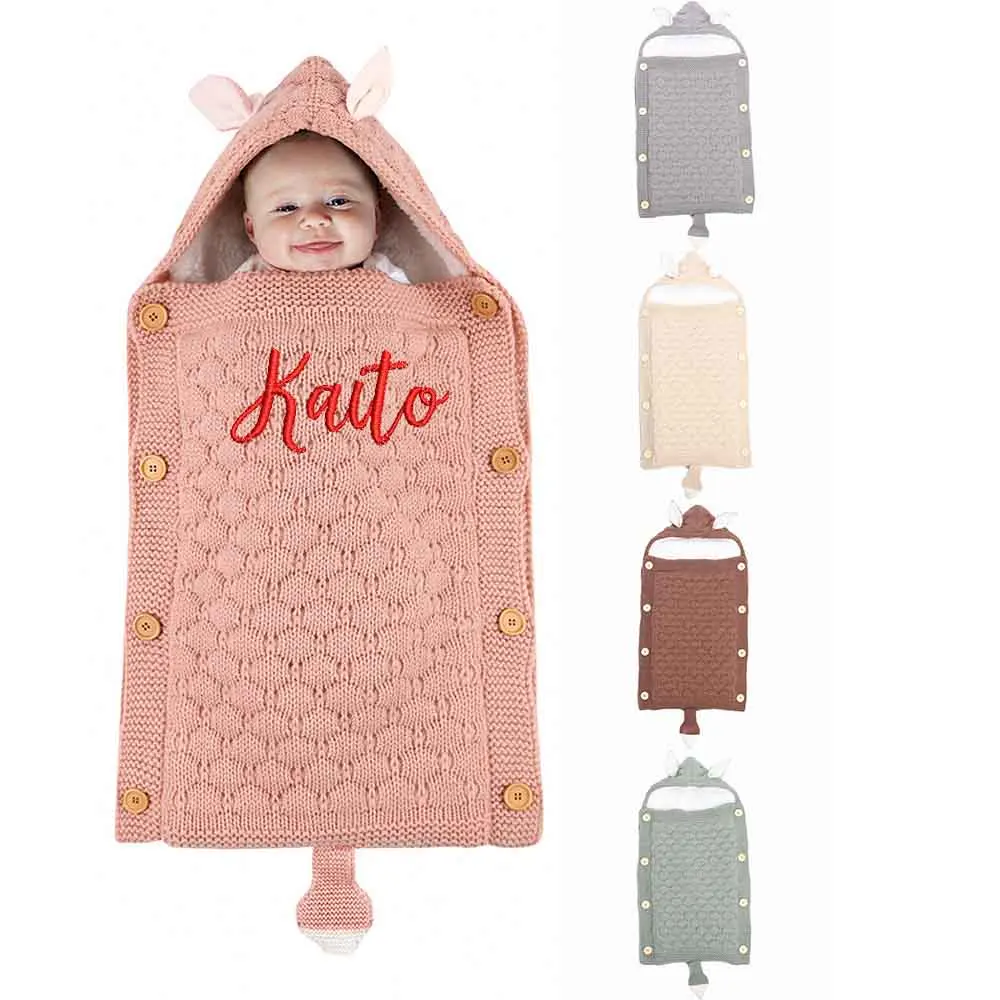 Customized Embroidery Newborn Blanket Personalized Name Rabbit Ear Sleeping Bag Hand, Anti Kick Swaddle Blanket Bedding Gifts